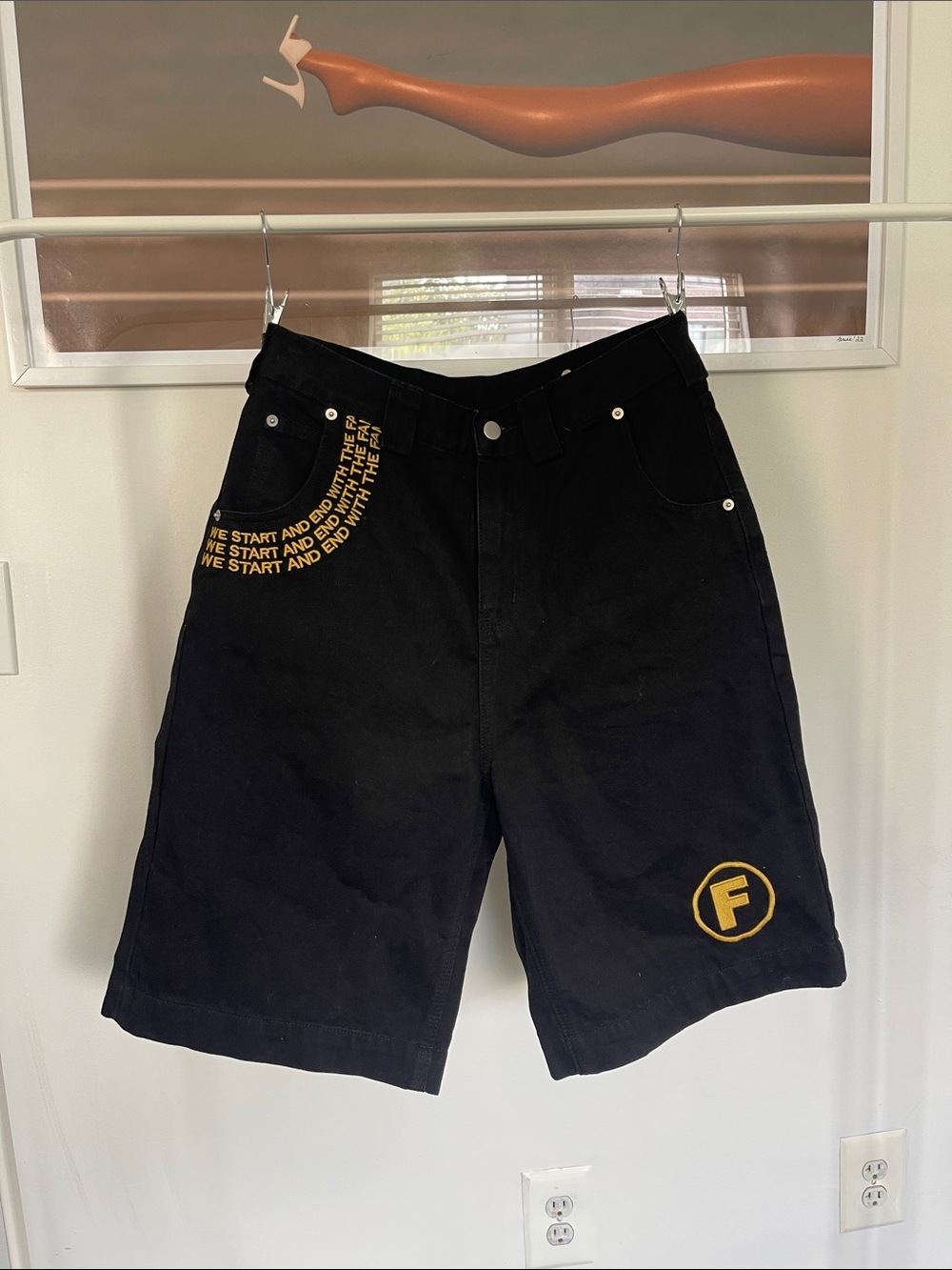 Black Men's Flat Front Shorts with Yellow Logo Detail